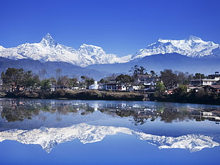 mountain alps, Nepal, Pokhara, Phewa Tal, lake HD wallpaper