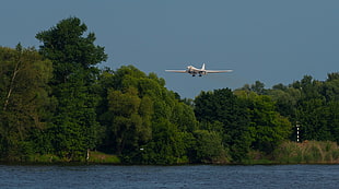 white airplane, aircraft, lake, nature, landscape
