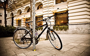 black mountain bike, bicycle, street HD wallpaper