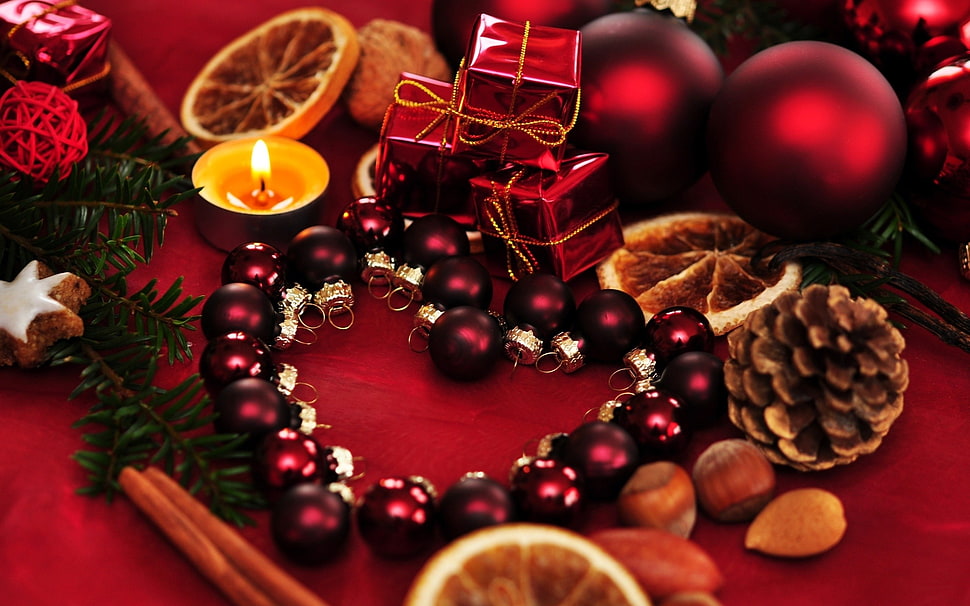 red bauble lot, Christmas, New Year, Christmas ornaments , presents HD wallpaper