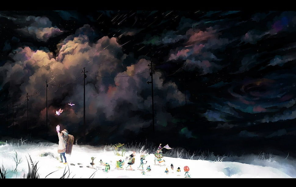 children on snow covered field illustration, manga HD wallpaper