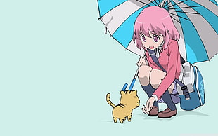 girl holding umbrella near cat digital wallpaper