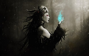 woman with animal skull on head digital wallpaper, magic, fantasy art, fantasy girl, dark fantasy HD wallpaper