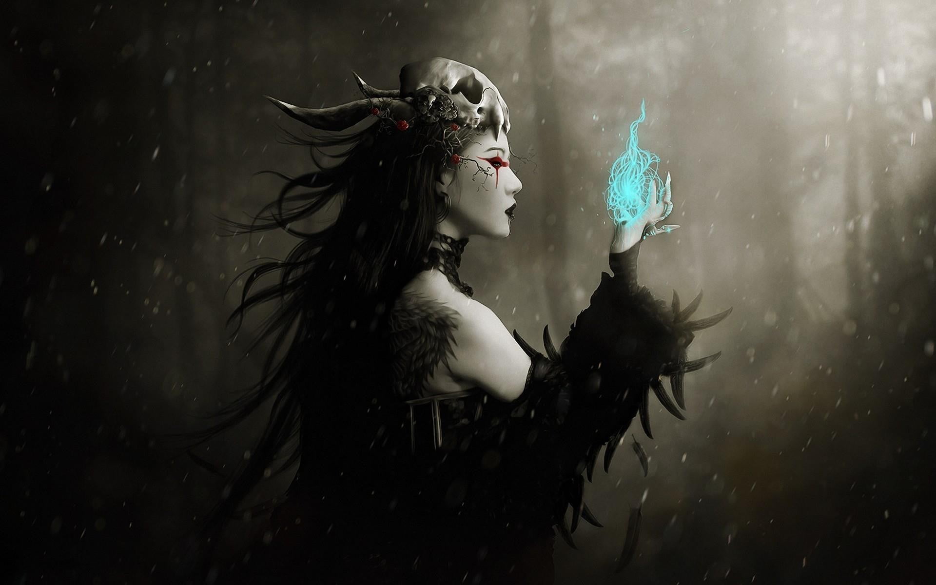 woman with animal skull on head digital wallpaper, magic, fantasy art, fantasy girl, dark fantasy