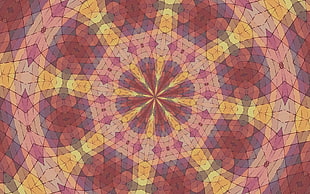 red and yellow illusion painting, kaleidoscope, symmetry, abstract, artwork HD wallpaper