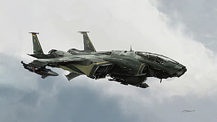 black and gray fighter jet, digital art, vehicle, futuristic