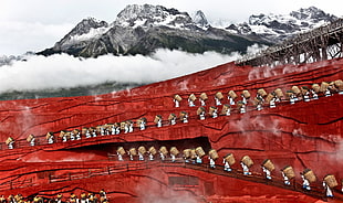 snow-capped mountain painting, China, red
