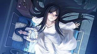 black-haired female anime character with white long-sleeved dress