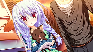 female anime character with purple hair holding black kitten HD wallpaper