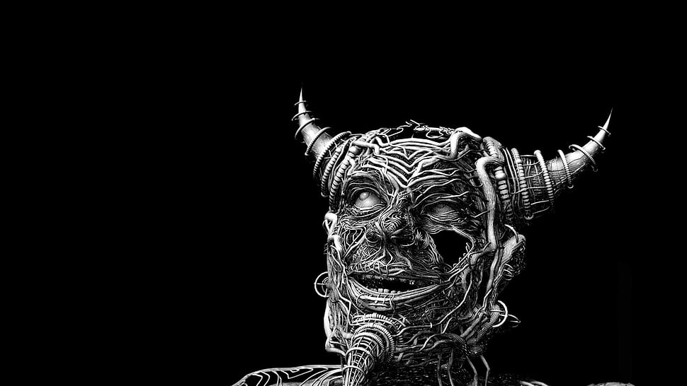 silver-colored demon head bust, minimalism, black background, digital art, monochrome HD wallpaper