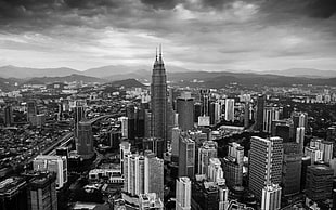 concrete buildings, city, Petronas Towers, monochrome, Kuala Lumpur