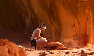 man sitting painting, fantasy art, warrior, hunter