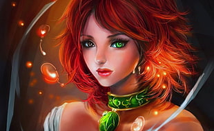 red haired woman with green and gold choker animated illustration