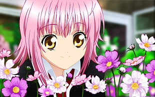 woman in pink short hair anime character HD wallpaper