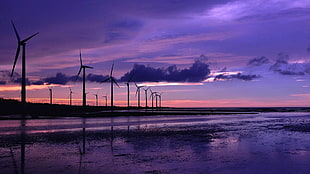 wind mills near body of water, purple sky, landscape, wind turbine, beach