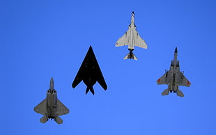 four white and black fighter jets, Lockheed Martin F-22 Raptor, F-117 Nighthawk, McDonnell Douglas F-15 Eagle, McDonnell Douglas F-4 Phantom II HD wallpaper