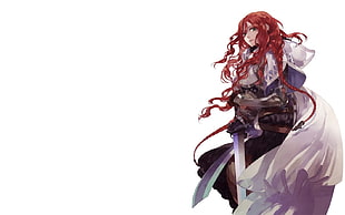 red haired girl handling swords anime