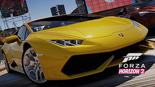 Microsoft Xbox One Forza Horizon 2 game poster, Forza Horizon 2, Lamborghini Huracan, video games, yellow cars