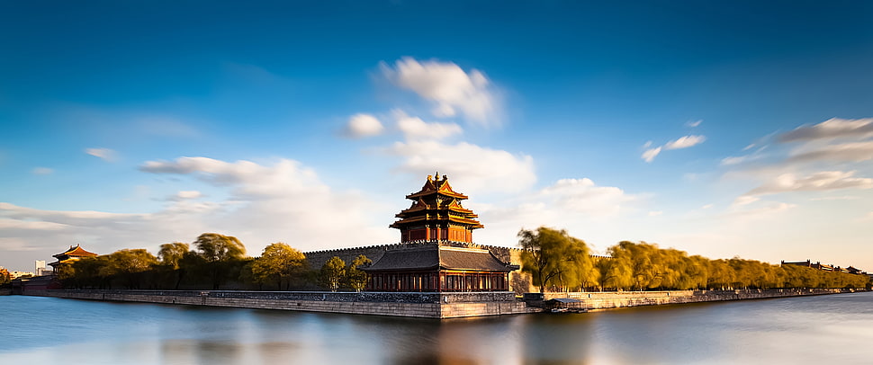 brown pagoda temple, ultrawide, China, photography, architecture HD wallpaper