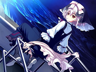 pink haired female anime character in black and white long-sleeved dress sitting beside body of water