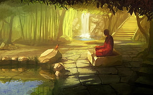 man wearing red robe sitting on rock beside body of water painting, meditation, monks, artwork HD wallpaper