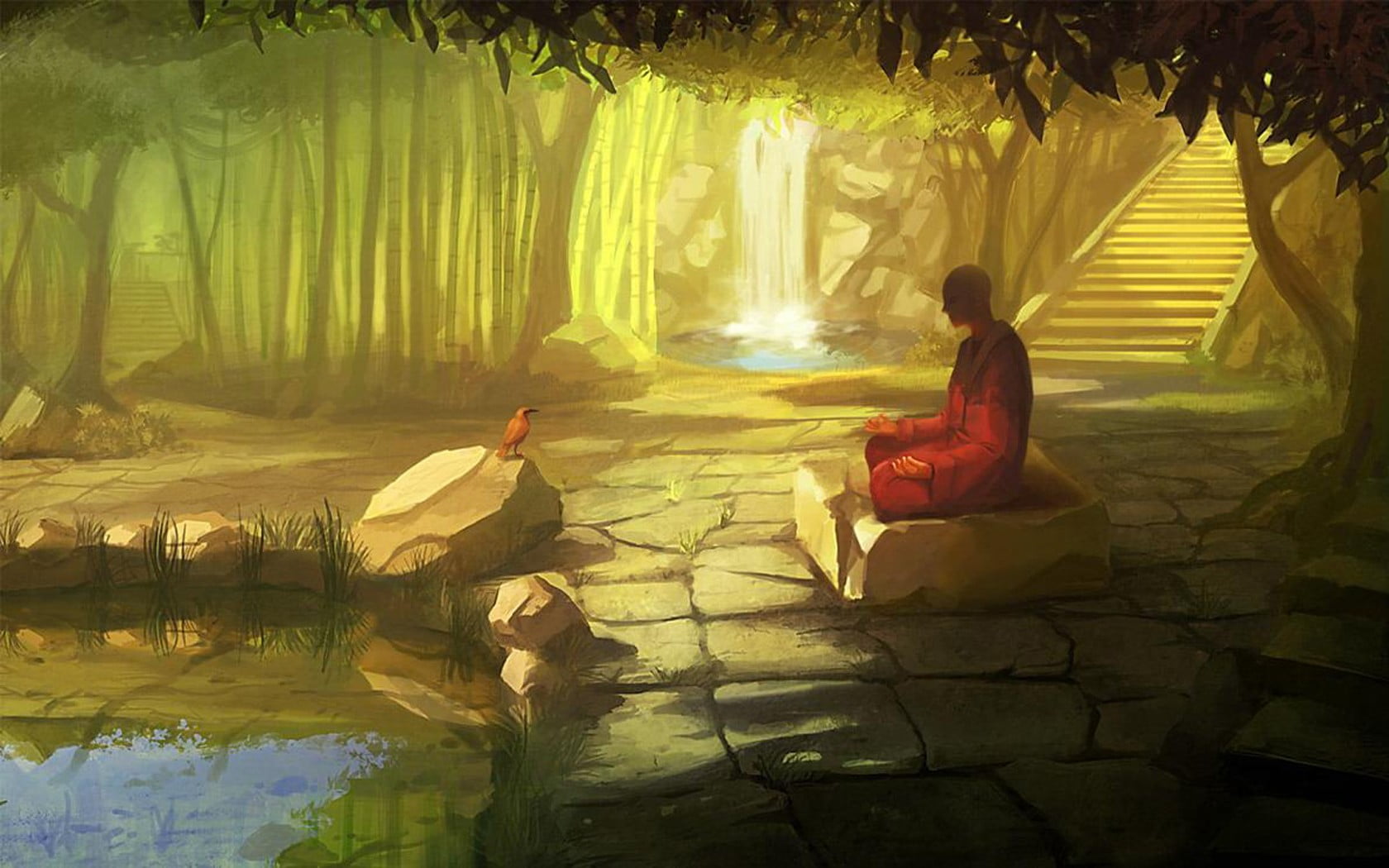 man wearing red robe sitting on rock beside body of water painting, meditation, monks, artwork