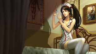 animated nurse Akali, soft shading, nurses, thigh-highs, bed