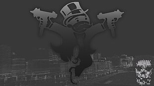 grey man holding two pistols illustraiton, gun, monopoly, hacking, DEDSEC