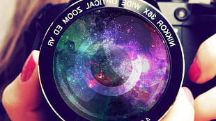 black zoom camera lens, galaxy, space, stars, photography HD wallpaper
