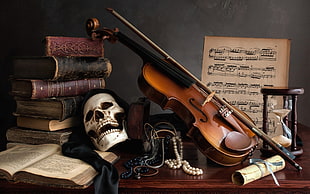 brown violin, musical notes, skull, books, musical instrument