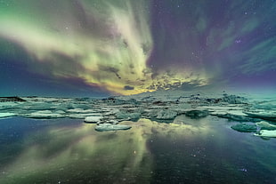 landscape photography of ice berg with aurora during nightime, iceland