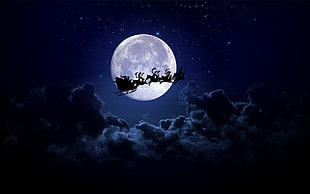 silhouette of reindeers with carriage flying with moon background HD wallpaper