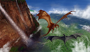 two red and black dragons near cliff painting, dragon, Angel Falls, Salto Ángel , canyon