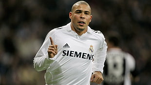 men's white adidas Siemens-printed soccer jersey, Real Madrid, Ronaldo, legend, no9