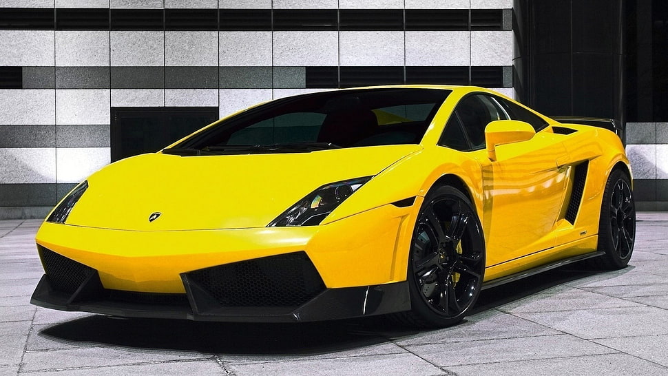 yellow and black Ford Mustang, Lamborghini Murcielago HD wallpaper