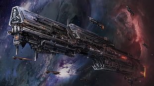 black spaceship digital wallpaper, science fiction, spaceship, space, artwork HD wallpaper