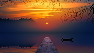 gray wooden dock, sunset, colorful, lake, mist