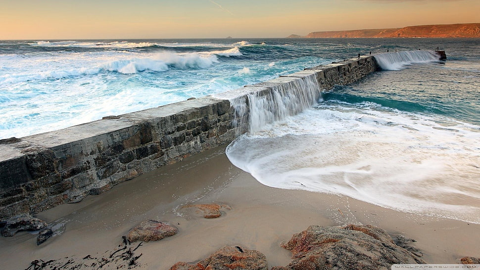 brown bricked barricade, wall, waves HD wallpaper