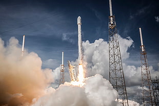 white missile, SpaceX, rocket, Falcon 9, smoke