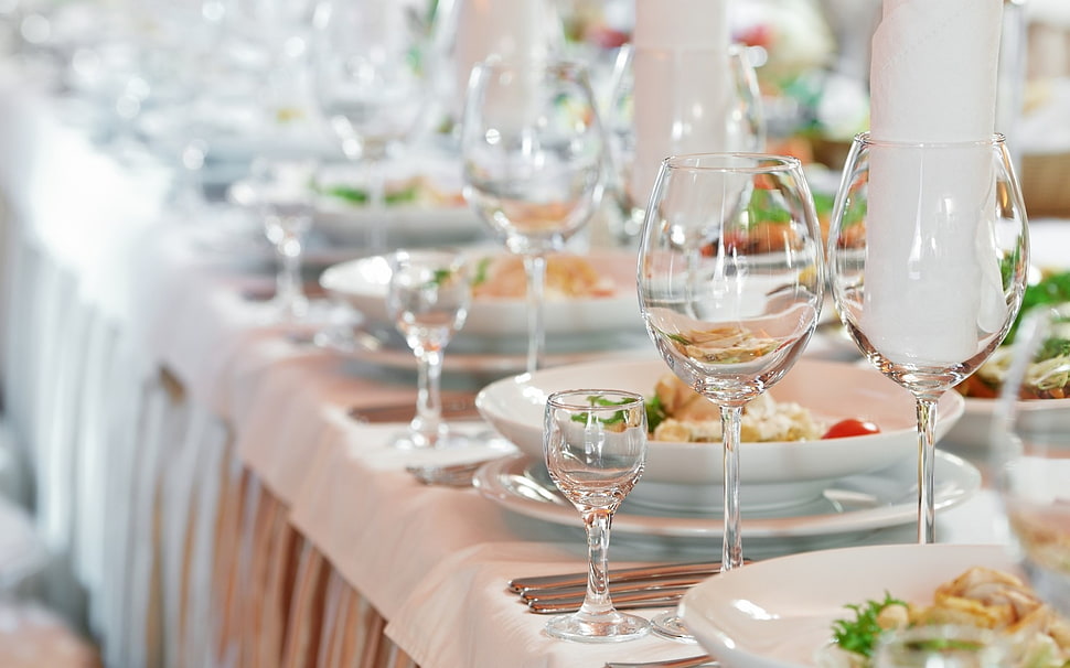 clear wine glass set on table with white tablecloth HD wallpaper