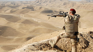 brown and black rifle with scope, sniper rifle, snipers, soldier, desert HD wallpaper