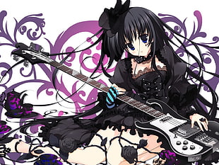 female anime character in black dress holding electric guitar illustration