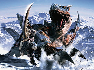 blue and brown dinosaur digital wallpaper, creature, dinosaurs, mountains, Monster Hunter HD wallpaper