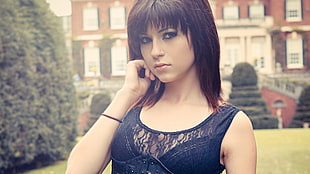 women's black lace-trimmed sleeveless top, Neon Lynxie, brunette, corset, women HD wallpaper
