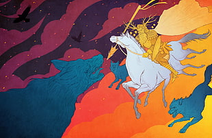 bearded man riding horse illustration, mythology, wolf, clouds, horse