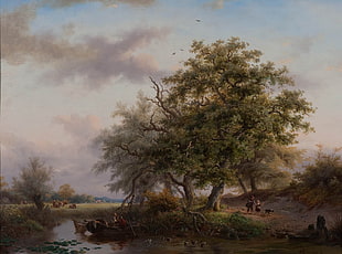 brown and white trees painting, painting, trees, boat, lily pads