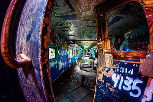 blue and gray train, train, ruin, graffiti HD wallpaper