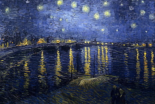 purple and brown painting, painting, Vincent van Gogh, stars, reflection