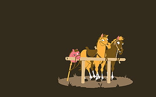 two brown wooden horse beside hobby horse illustration, humor, minimalism, horse, brown background