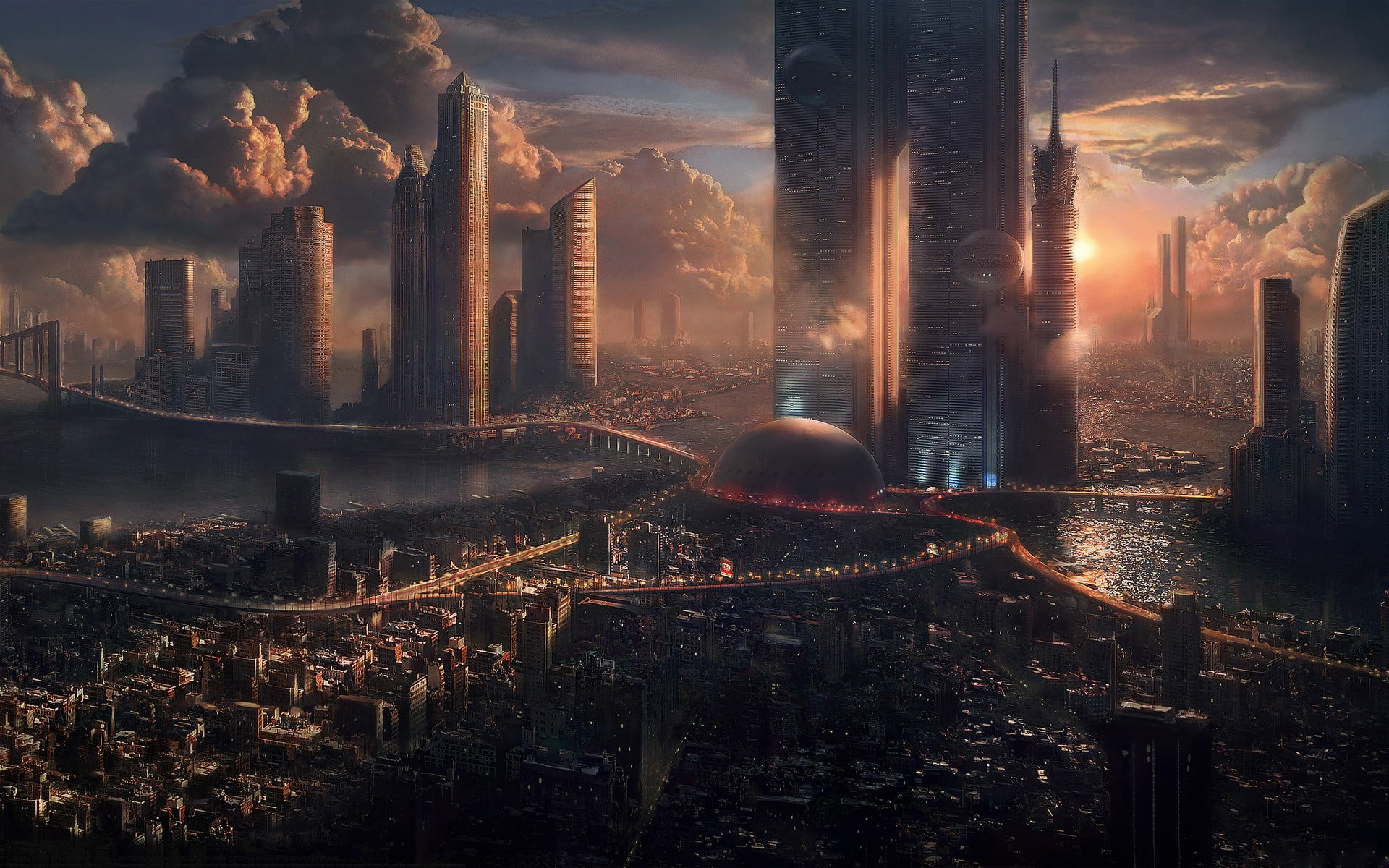 futuristic city digital art, futuristic city, cityscape, digital art, science fiction